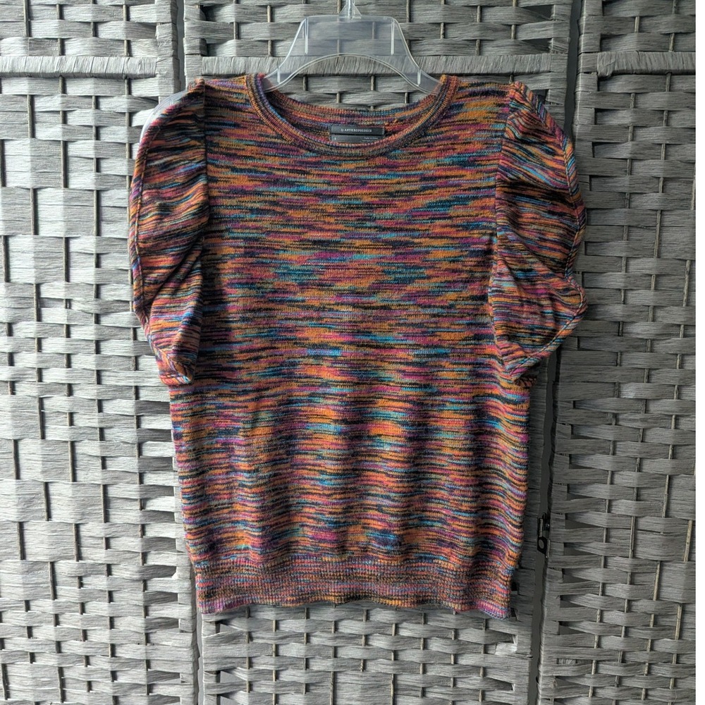 By Anthropologie Sweater Multicolor Space Dye Puff Sleeve Top Sz S Boho Artsy